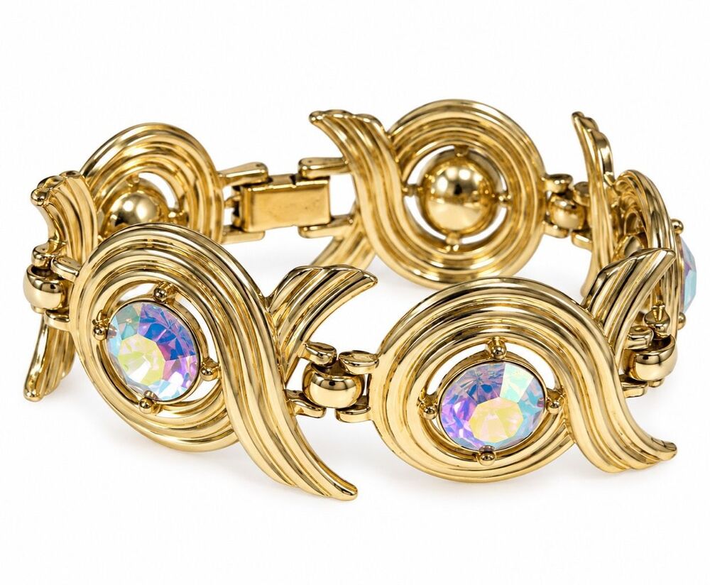 Sarah Coventry Gold Tone Swirl Aurora Borealis Rhinestone VTG Statement Bracelet
